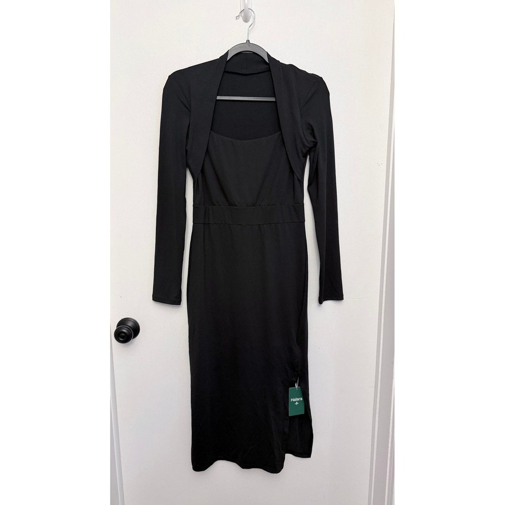 NWT Halara Black 2 in 1 Mock Shrug Square‎ Neck Slit Midi Dress Small S
